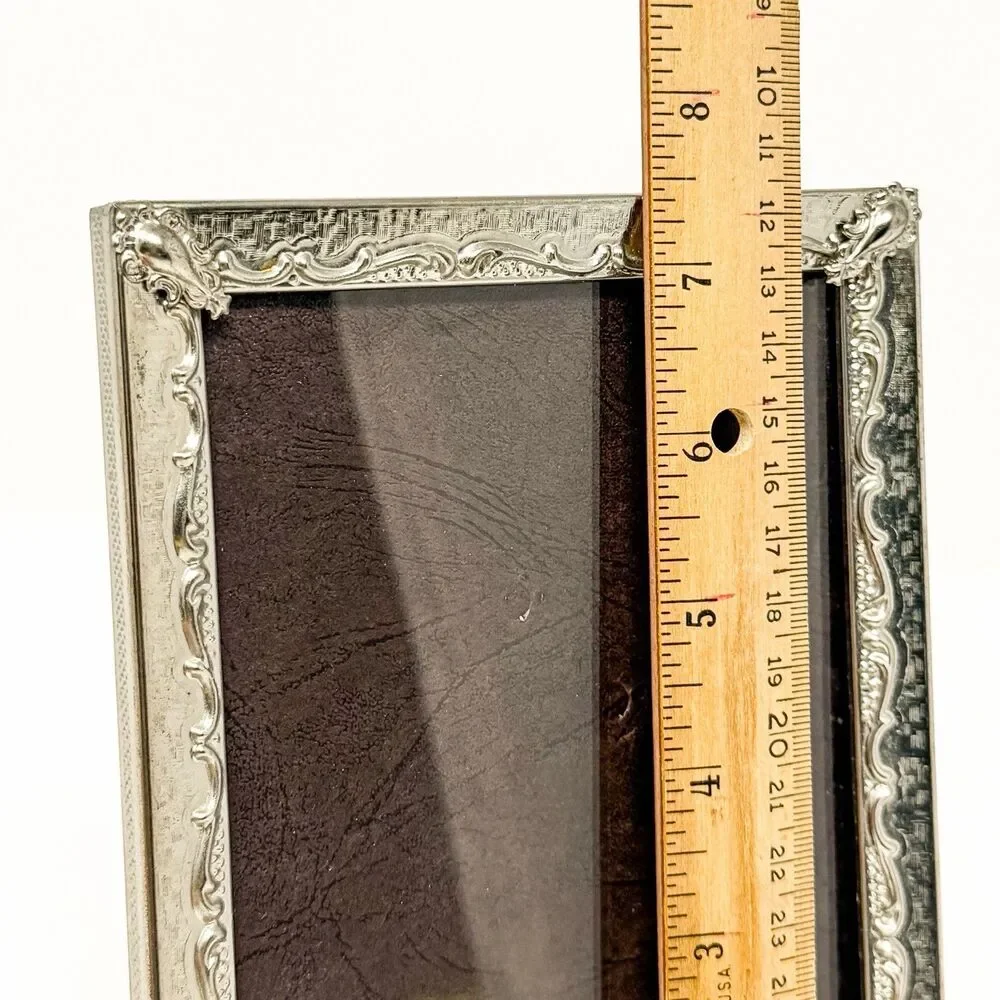 Vintage MCM Ornate Silver Tone Metal 5x7 Photo Frame Footed Easel Back